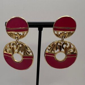 Vintage Berebi hot pink enamel and gold tone pierced earrings